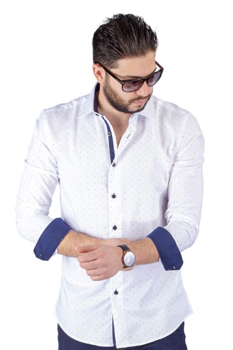 White Slim Fit Men's Dress Shirt Contrasting Trim Details Bow Tie Print By Azar 