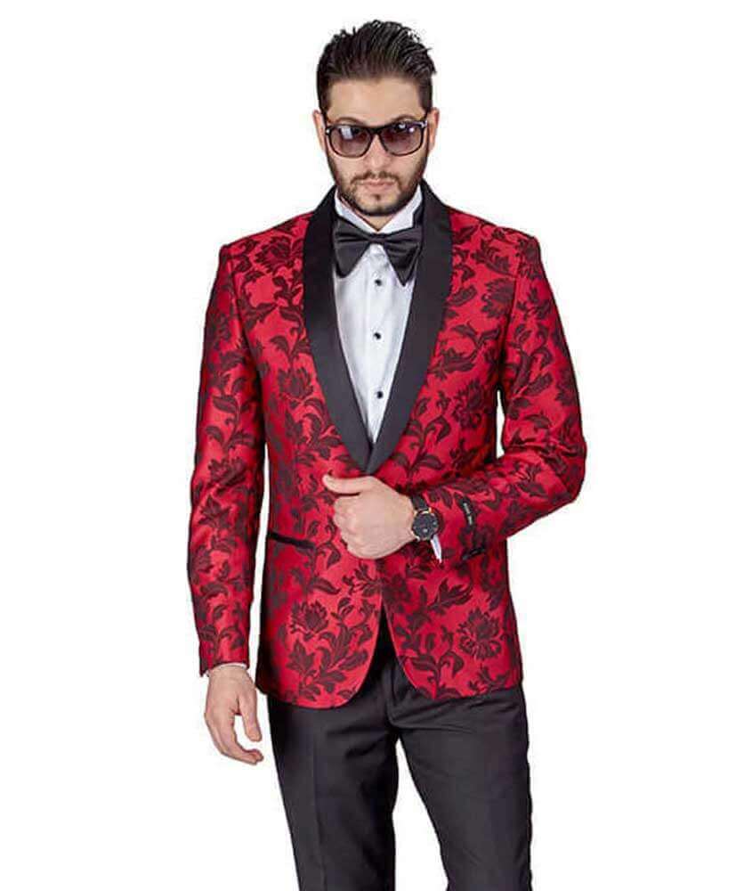 Red Tapestry Floral Slim Fit Tuxedo Jacket