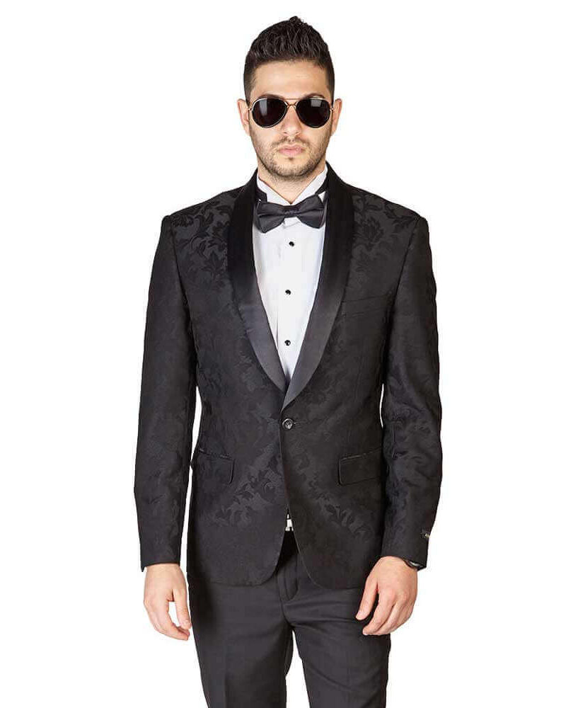 Slim Fit 1 Button Black Shawl Lapel Satin Collar Floral Tuxedo Dinner Jacket