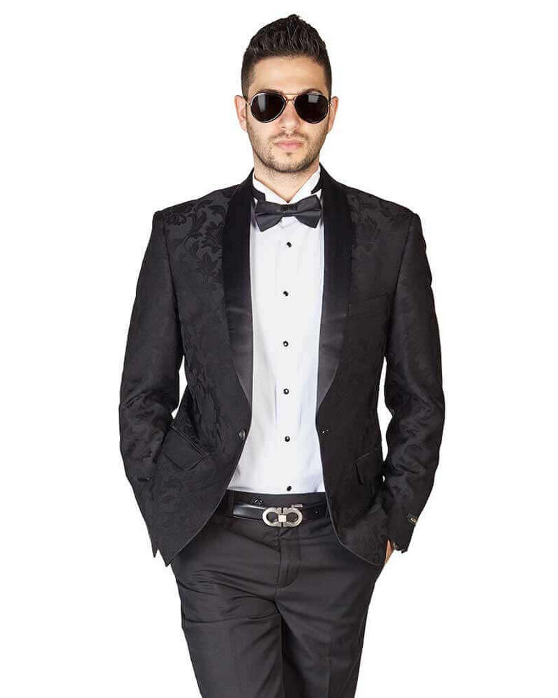 Alternative view of Slim Fit 1 Button Black Shawl Lapel Satin Collar Floral Tuxedo Dinner Jacket