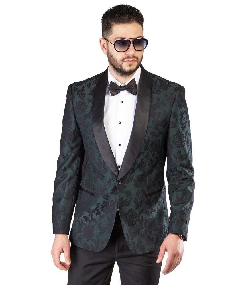 Slim Fit 1 Button Green Shawl Lapel Black Satin Collar Floral Tuxedo Dinner Jacket