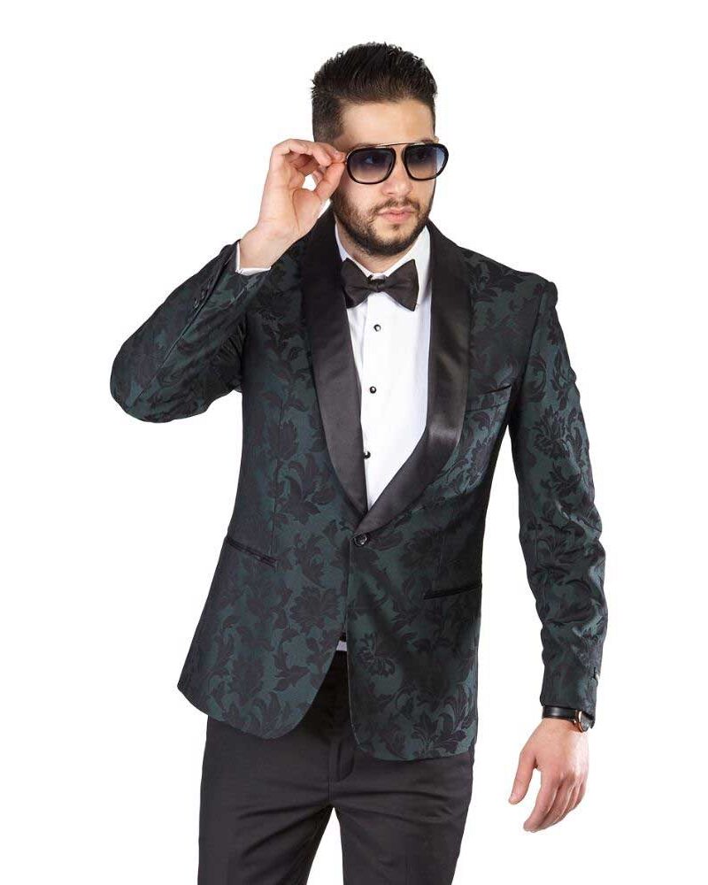 Alternative view of Slim Fit 1 Button Green Shawl Lapel Black Satin Collar Floral Tuxedo Dinner Jacket