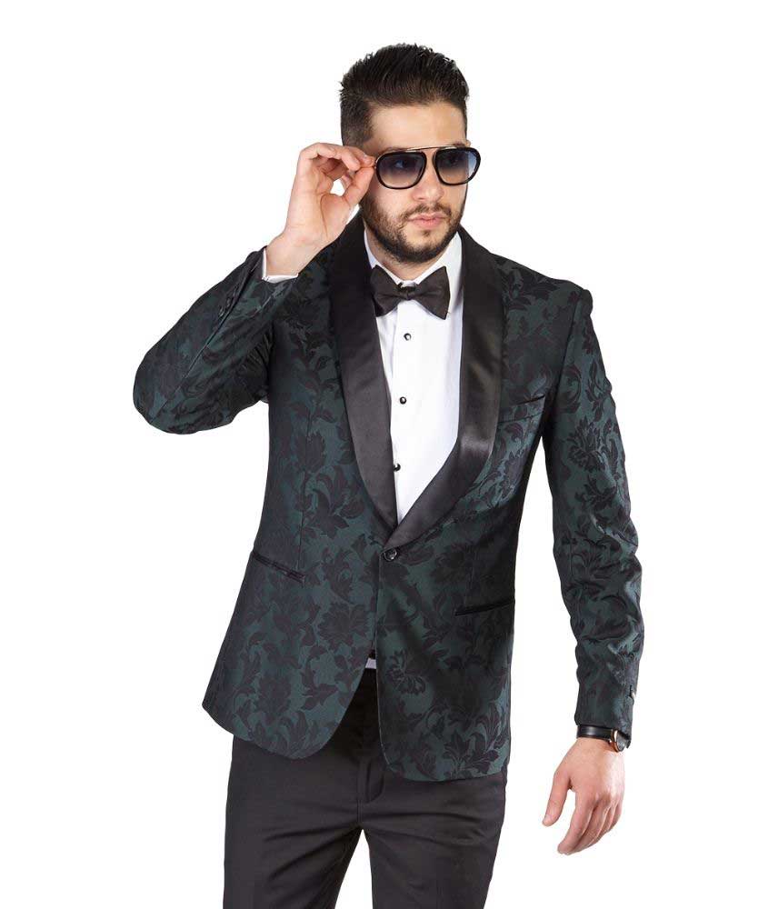 Green Floral Shawl Satin Lapel Jacket Only Tuxedo Slim Fit 1 Button Blazer AZAR 