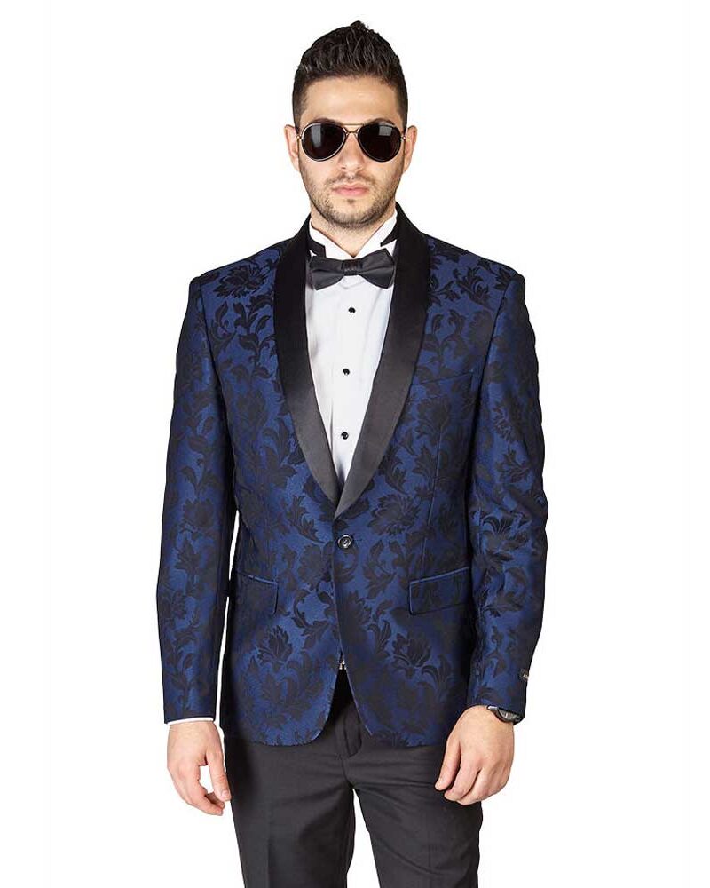 Slim Fit 1 Button Navy Blue Shawl Lapel Satin Collar Floral Tuxedo Dinner Jacket