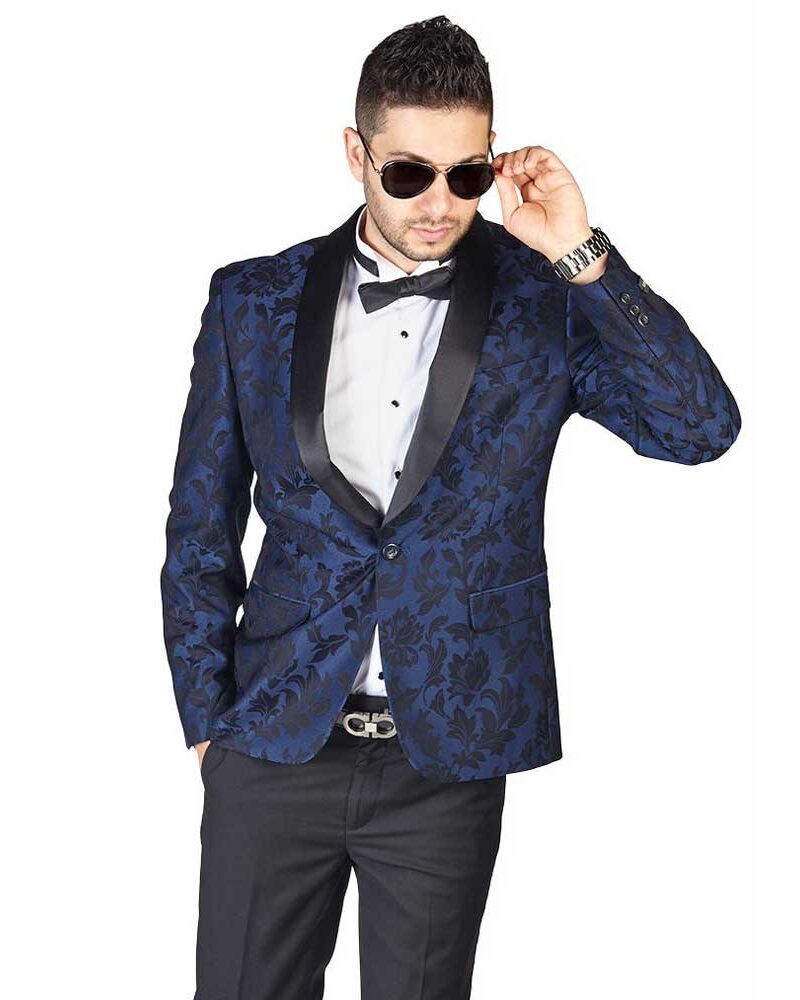 Alternative view of Slim Fit 1 Button Navy Blue Shawl Lapel Satin Collar Floral Tuxedo Dinner Jacket