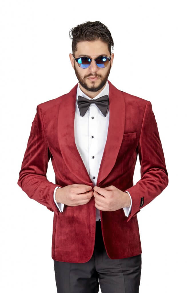 Slim Fit 1 Button Burgundy Velvet Shawl Dinner Jacket - ÃZARMAN