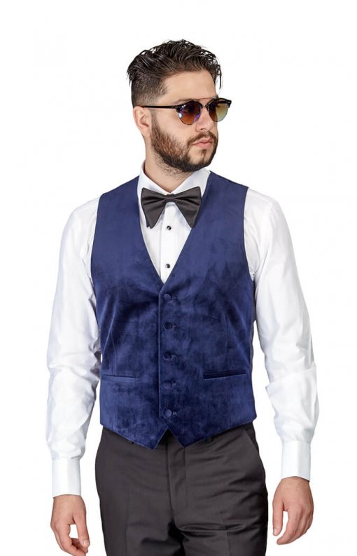 Navy Blue Velvet Slim Fit Dress Vest 5 Button Adjustable Back Strap