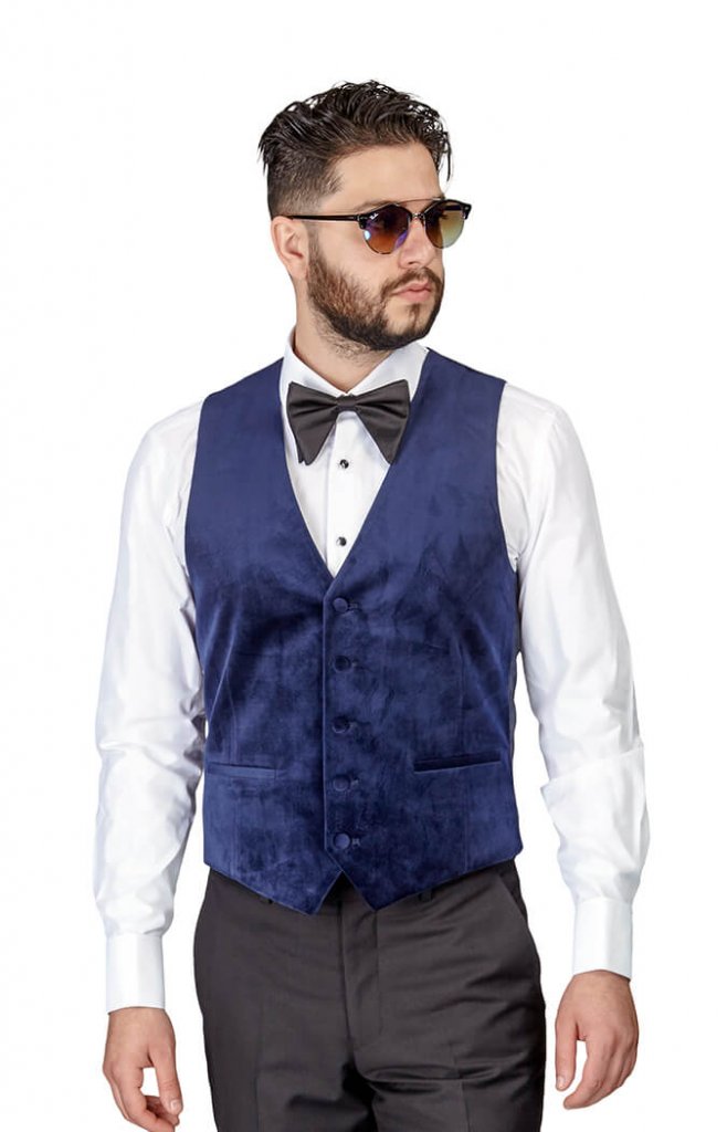 Navy Blue Velvet Slim Fit Dress Vest 5 Button Adjustable Back Strap ÃZARMAN