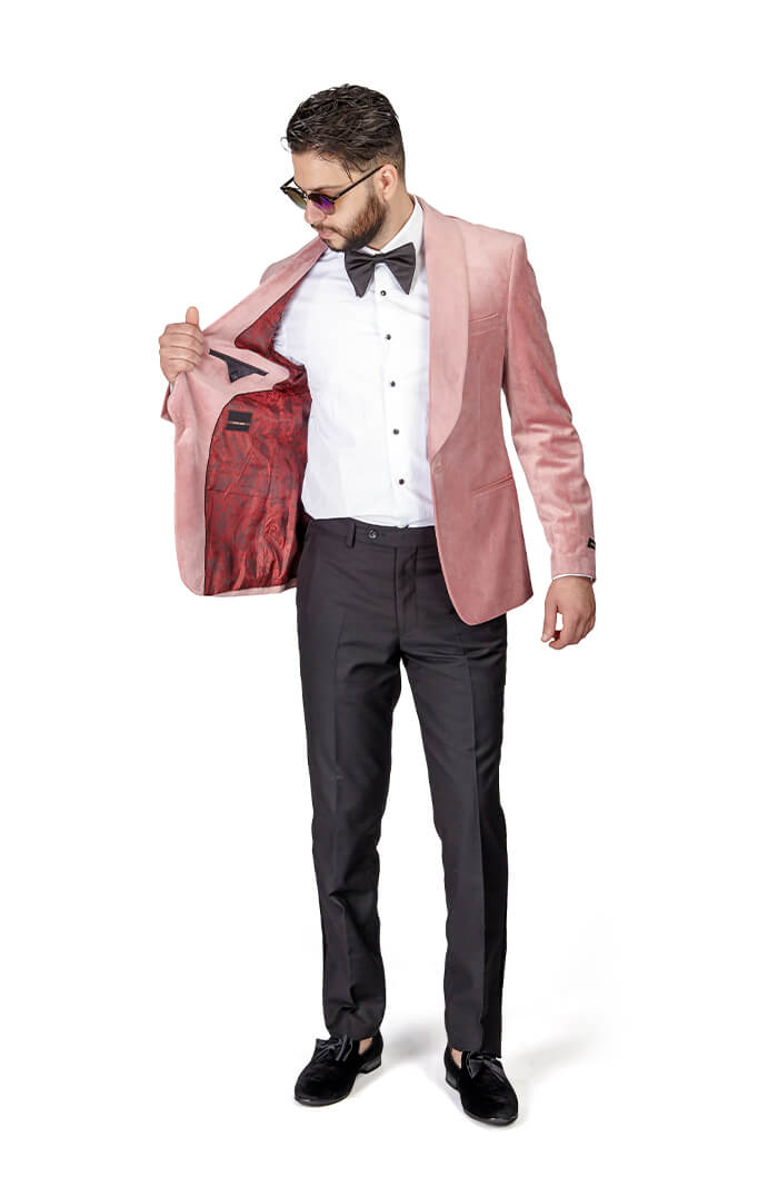 Men Pink Pastel Velvet Tuxedo Blazer Jacket Shawl Lapel 1 Button Slim Fit AZAR 