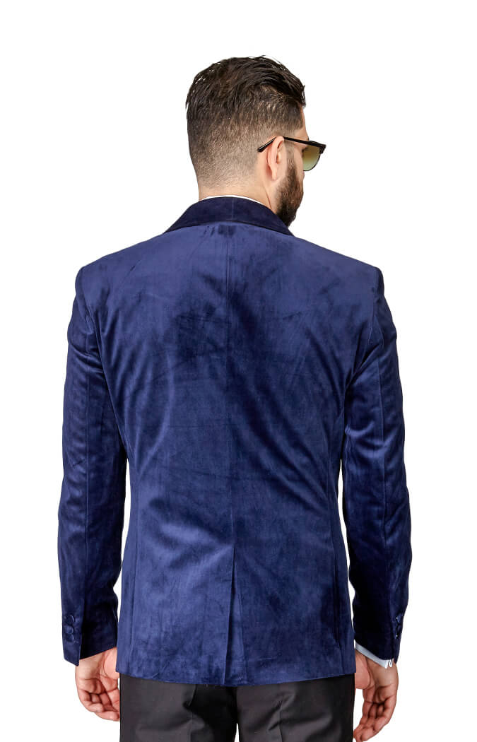 Slim Fit 1 Button Shawl Velvet Lapel Navy Blue Suit - ÃZARMAN