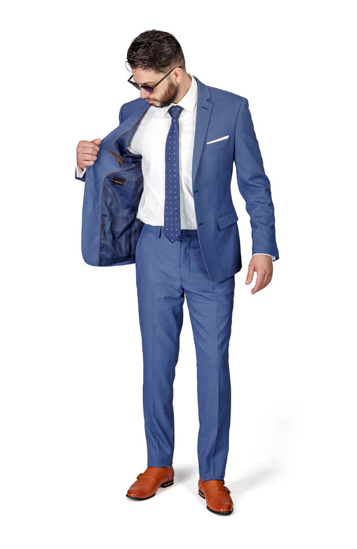Slim Fit Men 3 Piece Vested Solid Navy Blue Suit - ÃZARMAN