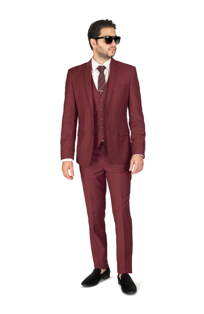 Slim Fit 2 Button Burgundy Notch Lapel Suit Vest Optional - ÃZARMAN