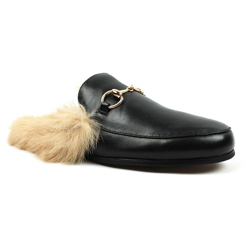 Real Leather Black Backless Slip On Fur Gold Buckle Loafer
