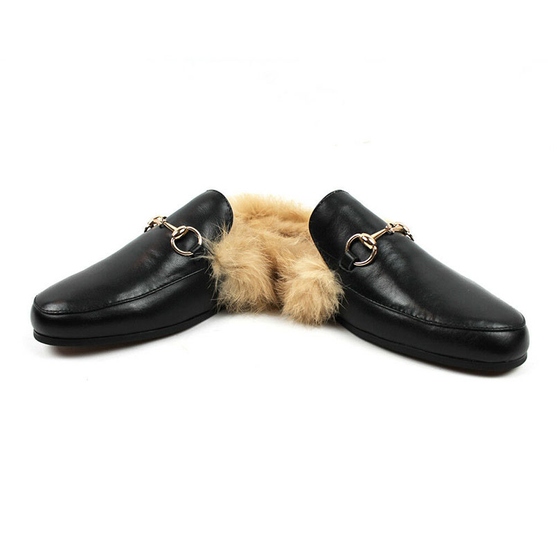 Alternative view of Real Leather Black Backless Slip On Fur Gold Buckle Loafer