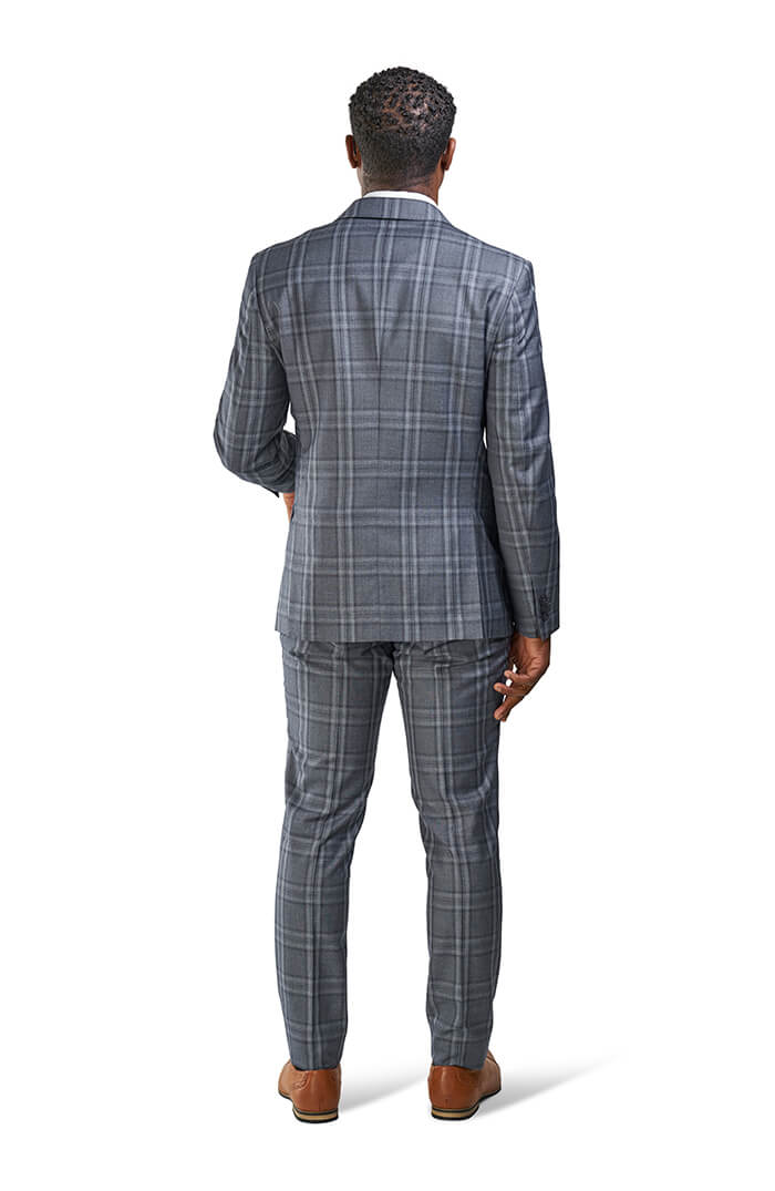 Slim Fit 2 Button Slate Gray Windowpane Plaid Mens Suit Peak Lapel 35071 AZARMAN 
