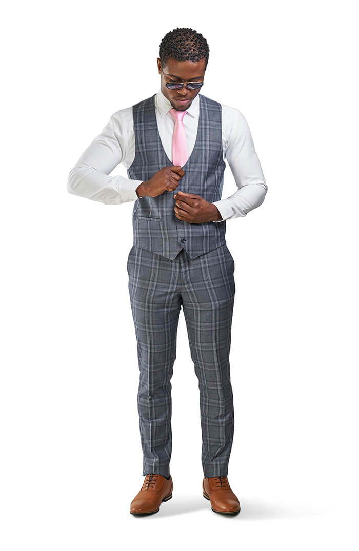 Slim Fit Men Suit Grey 2 Button Checkered Windowpane Plaid Vest Optional Azar 