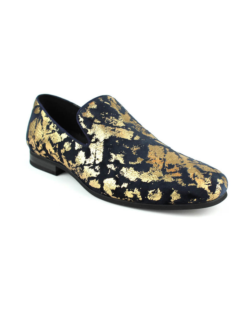 Alternative view of Men's Slip On Navy Blue Velvet Gold Leopard Print Dress Shoes Loafers LS21