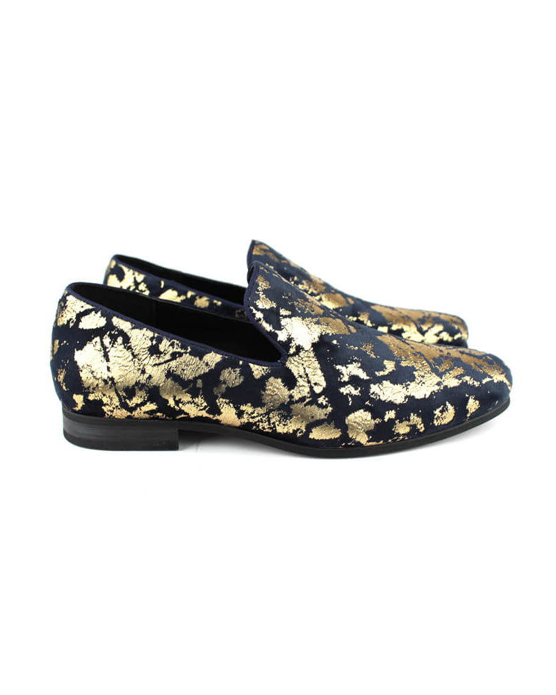 Men's Slip On Navy Blue Velvet Gold Leopard Print Dress Shoes Loafers LS21