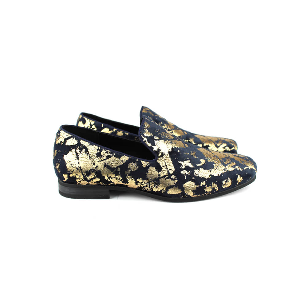 Men's Slip On Navy Velvet Gold Leopard Print Dress Shoes Loafers LS21 AZARMAN 