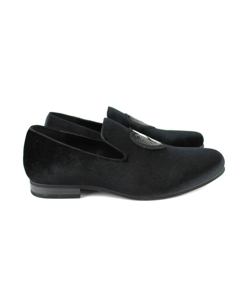 Men's Velvet Slip On Black & White Sequin Heart Embroidered Dress Loafers