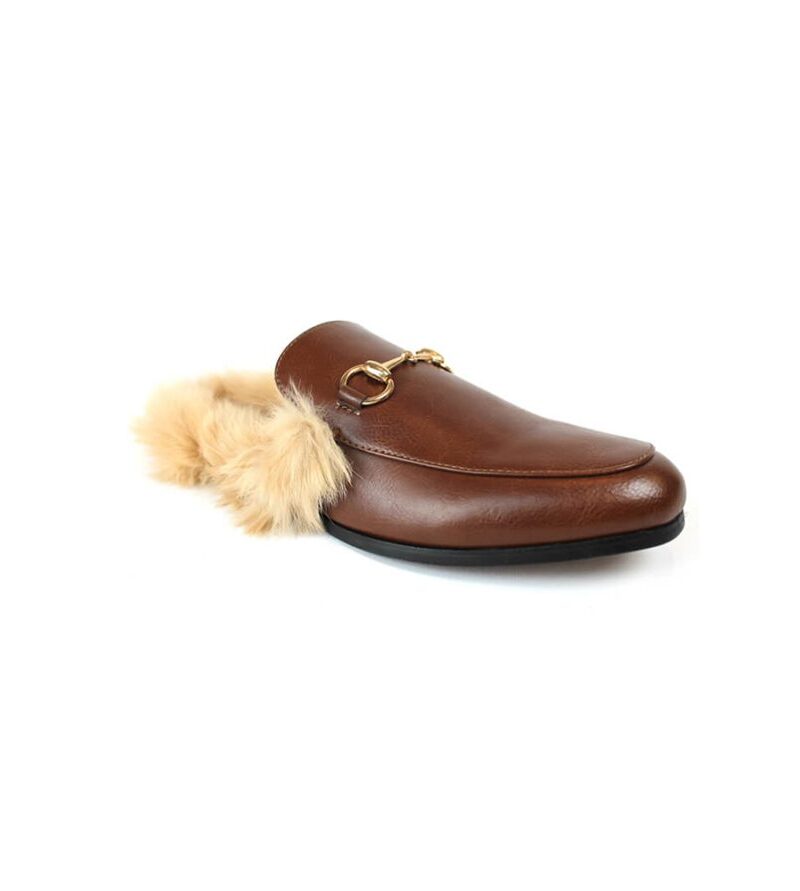 Real Leather Brown Backless Slip On Fur Gold Buckle Loafer