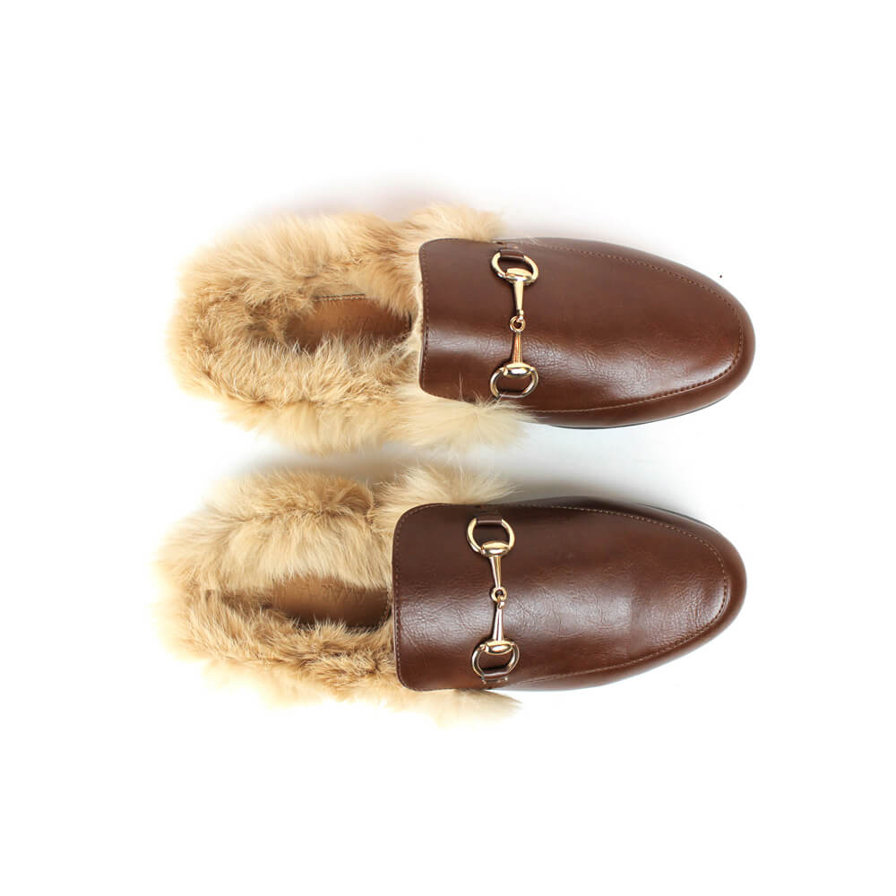 Real Leather Brown Backless Slip On Fur Gold Buckle Loafer - ÃZARMAN