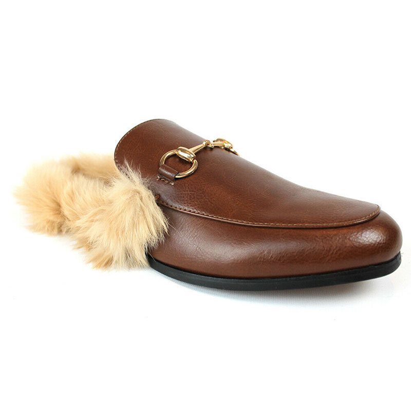 Real Leather Brown Backless Slip On Fur Gold Buckle Loafer