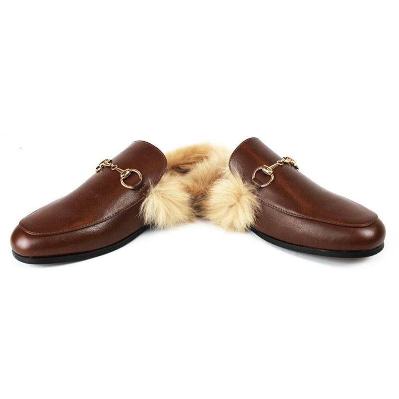 Alternative view of Real Leather Brown Backless Slip On Fur Gold Buckle Loafer