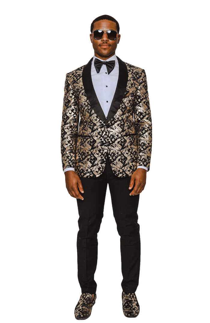 Vinci Men's Gold Leopard Print Sequins 1 Button Peak Lapel Tuxedo Jacket NEW