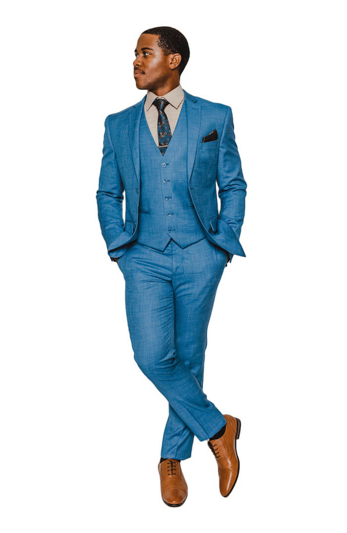 Slim Fit 2 Button Blue Notch Lapel Windowpane Plaid Suit 16308