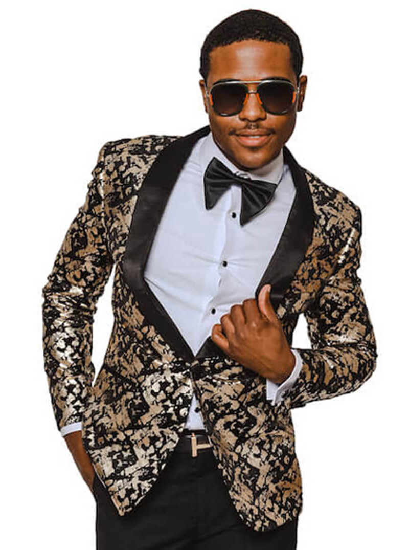 Slim Fit 1 Button Black Gold Leopard Shawl Lapel Satin Collar Tuxedo Dinner Jacket