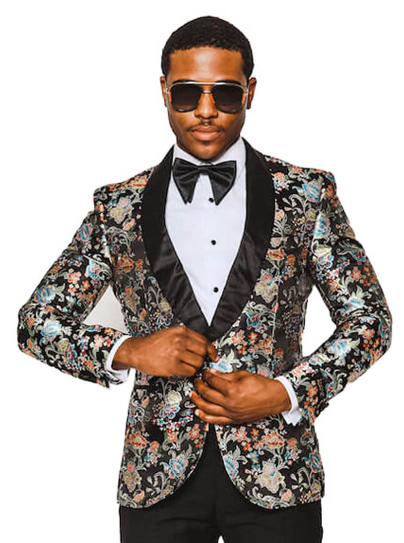 Slim Fit 1 Button Multi Colored Floral Stitch Shawl Lapel Black Satin Collar Tuxedo Dinner Jacket