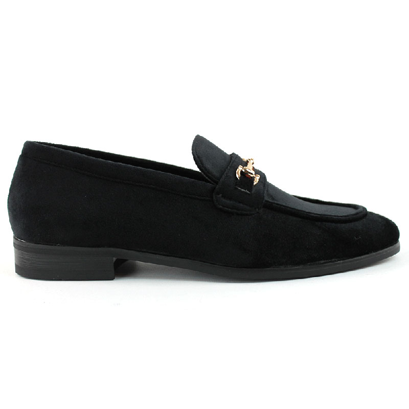 Men's Slip On Black Velvet Loafers With Buckle