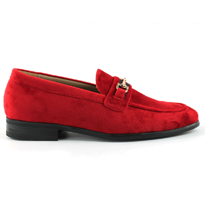 Men's Slip On Red Velvet Loafers With Buckle