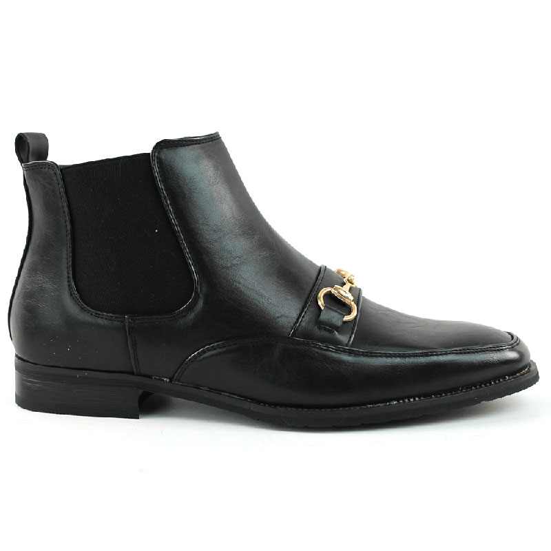 Black Leather Dress Boots With Buckle & Side Zipper Closure