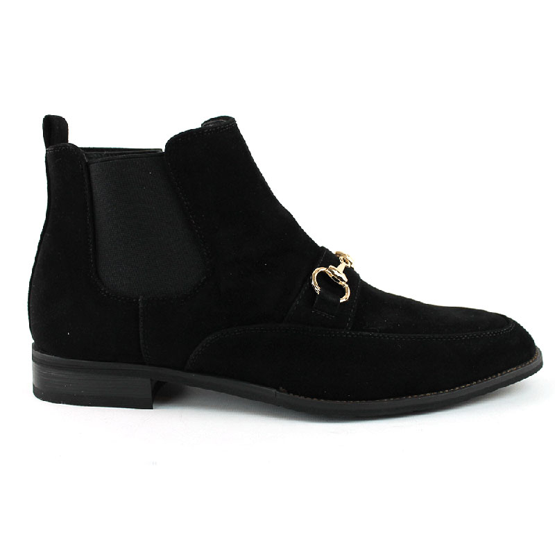 Black Suede Dress Boots With Buckle & Side Zipper Closure