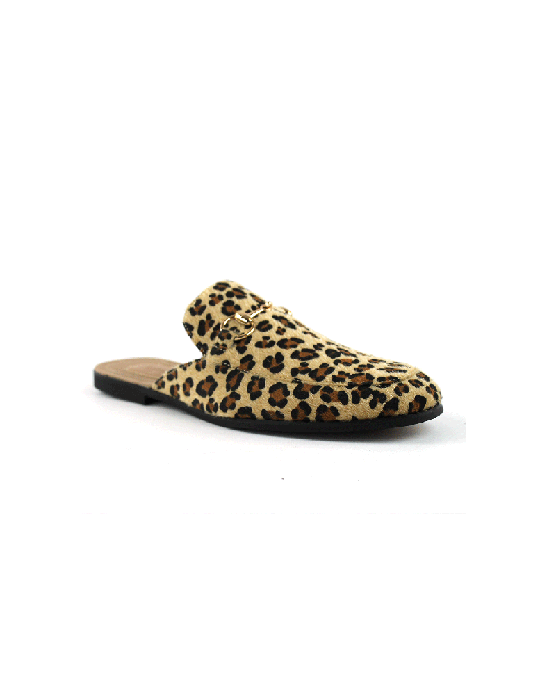 Tan Leopard Backless Slip On Gold Buckle Loafer