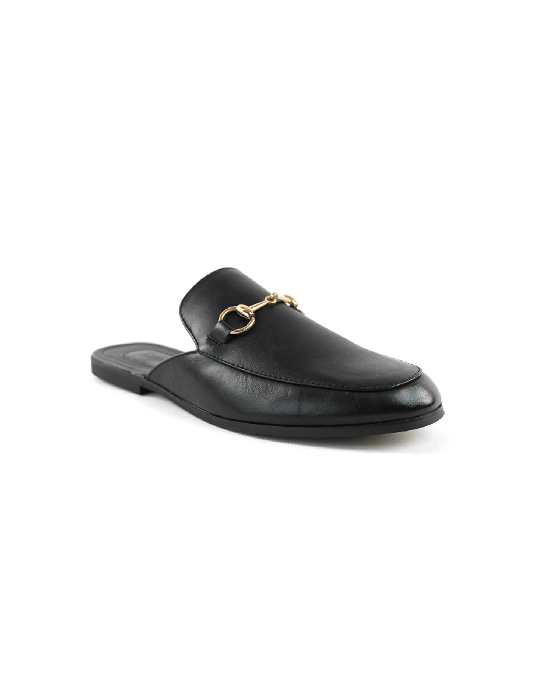 Black Leather Backless Slip On Gold Buckle Loafer