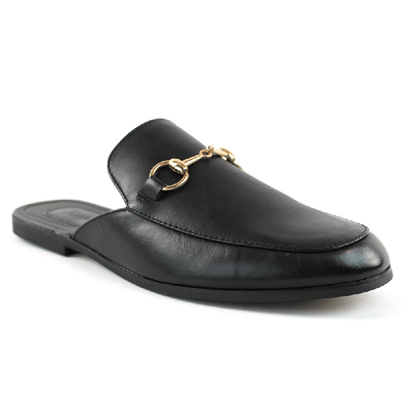 Black Leather Backless Slip On Gold Buckle Loafer - Image 3