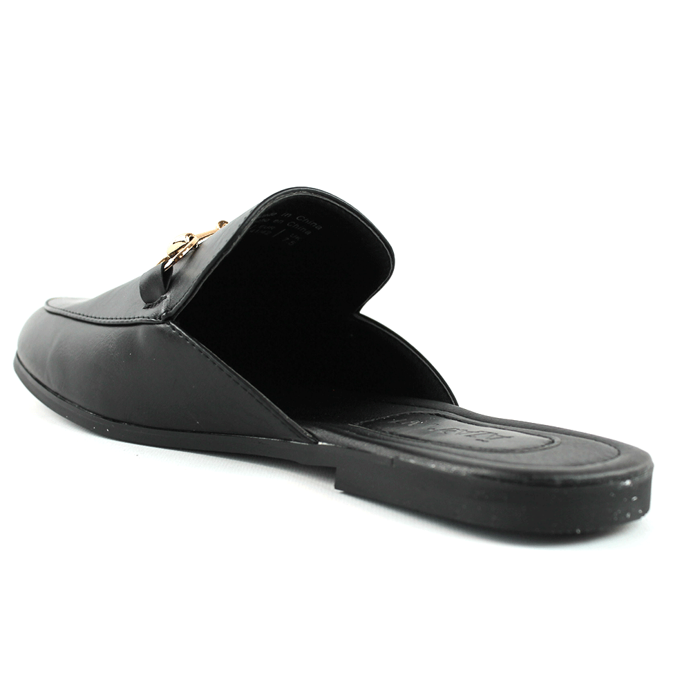 Black Leather Backless Slip On Gold Buckle Loafer - Image 4