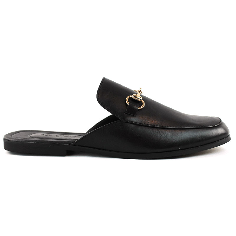 Black Leather Backless Slip On Gold Buckle Loafer
