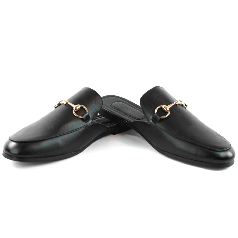 Alternative view of Black Leather Backless Slip On Gold Buckle Loafer