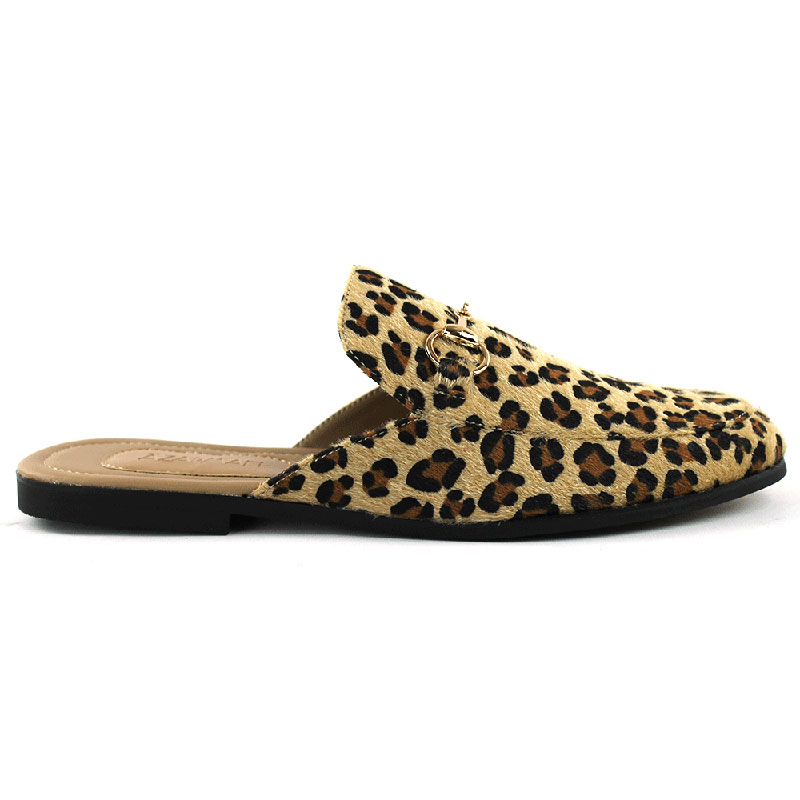 Tan Leopard Backless Slip On Gold Buckle Loafer