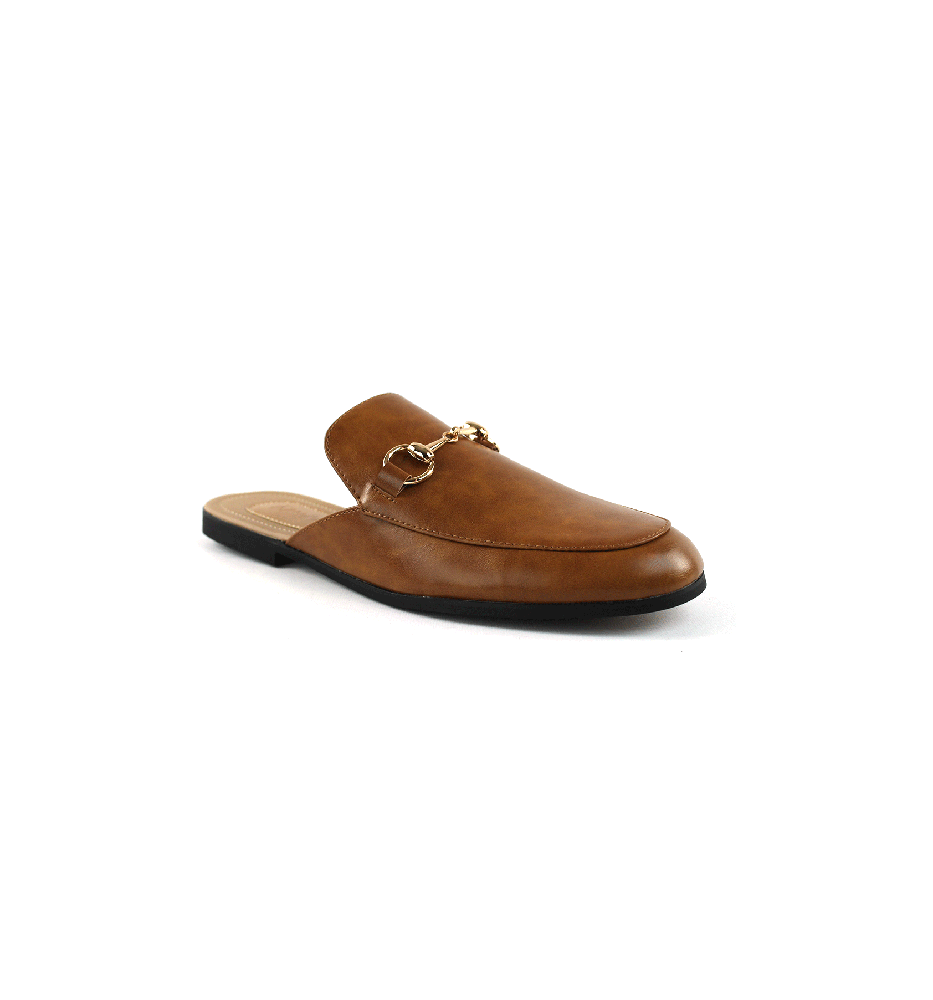Brown Leather Backless Slip On Gold Buckle Loafer - ÃZARMAN