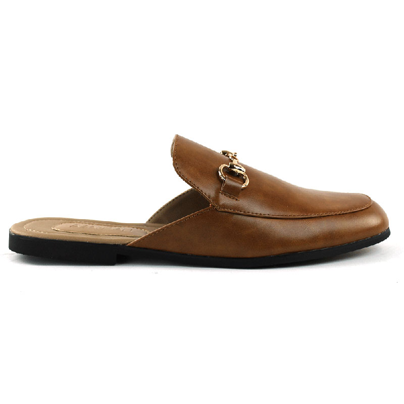 Brown Leather Backless Slip On Gold Buckle Loafer