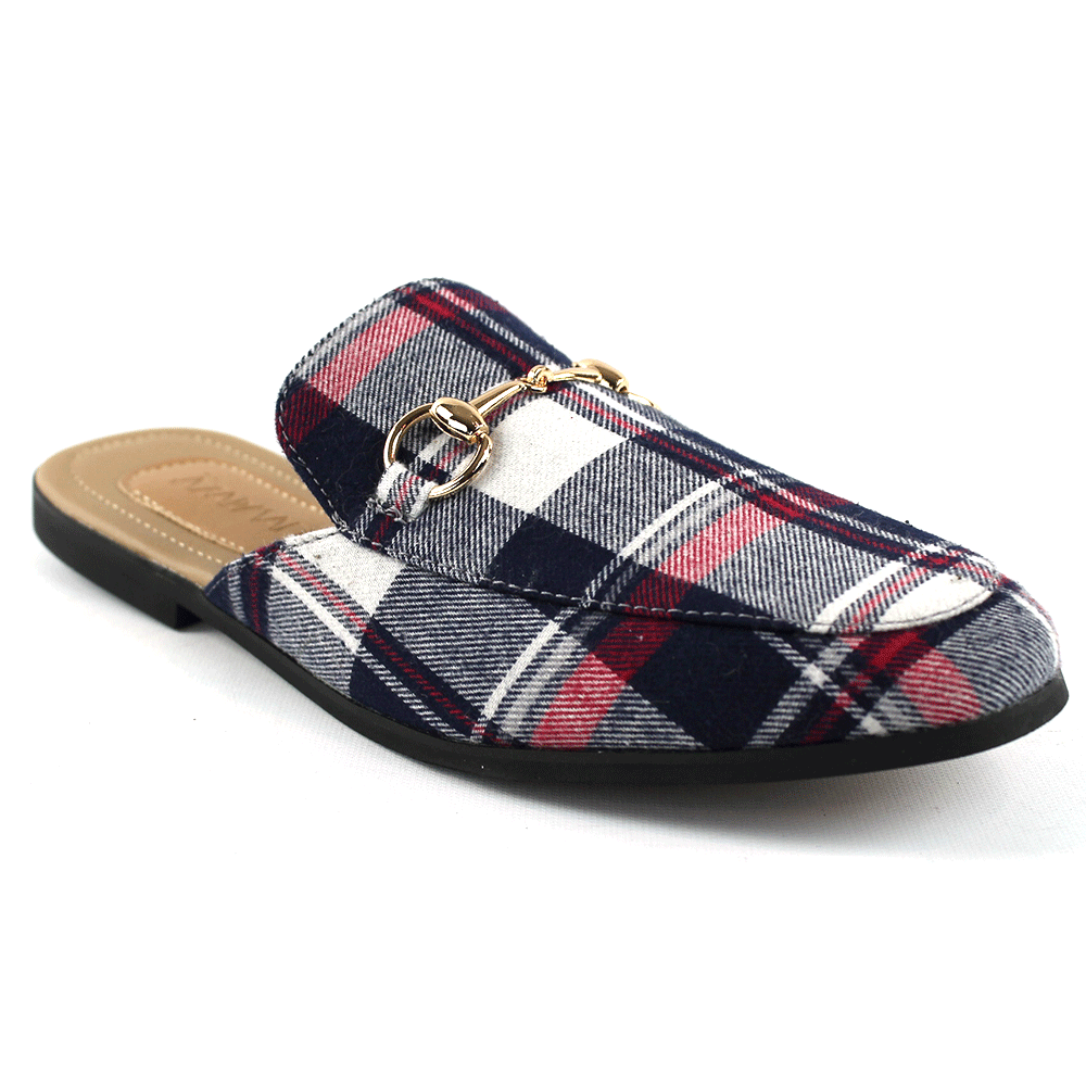 Blue Plaid Backless Slip On Gold Buckle Loafer - Image 4