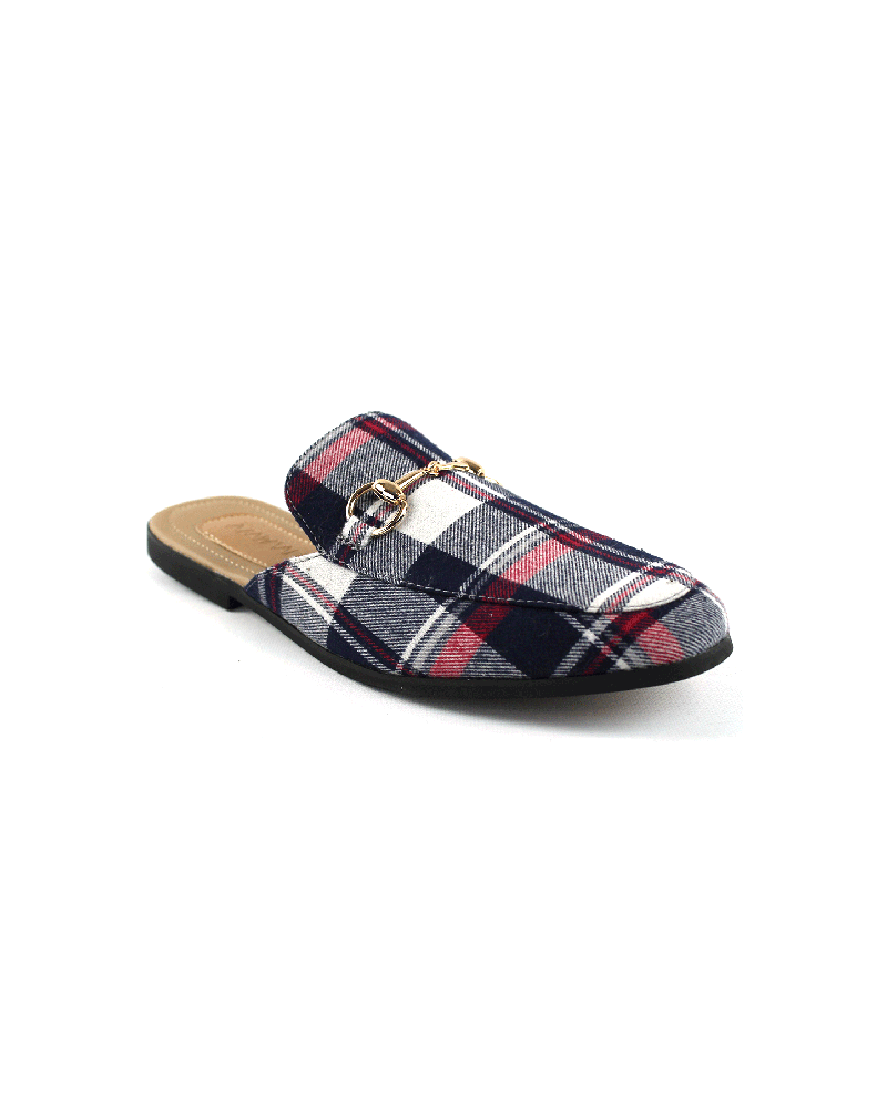 Blue Plaid Backless Slip On Gold Buckle Loafer