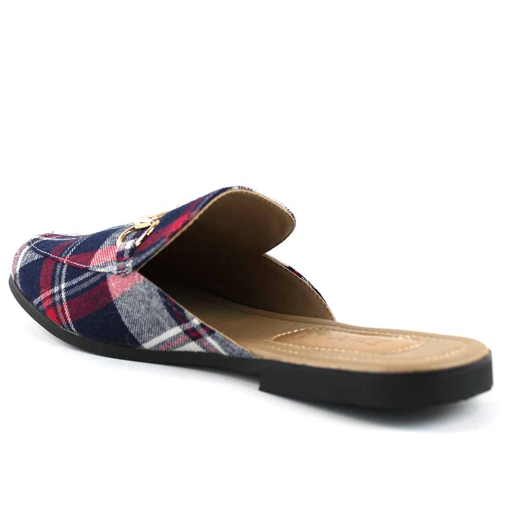 Blue Plaid Backless Slip On Gold Buckle Loafer - Image 5