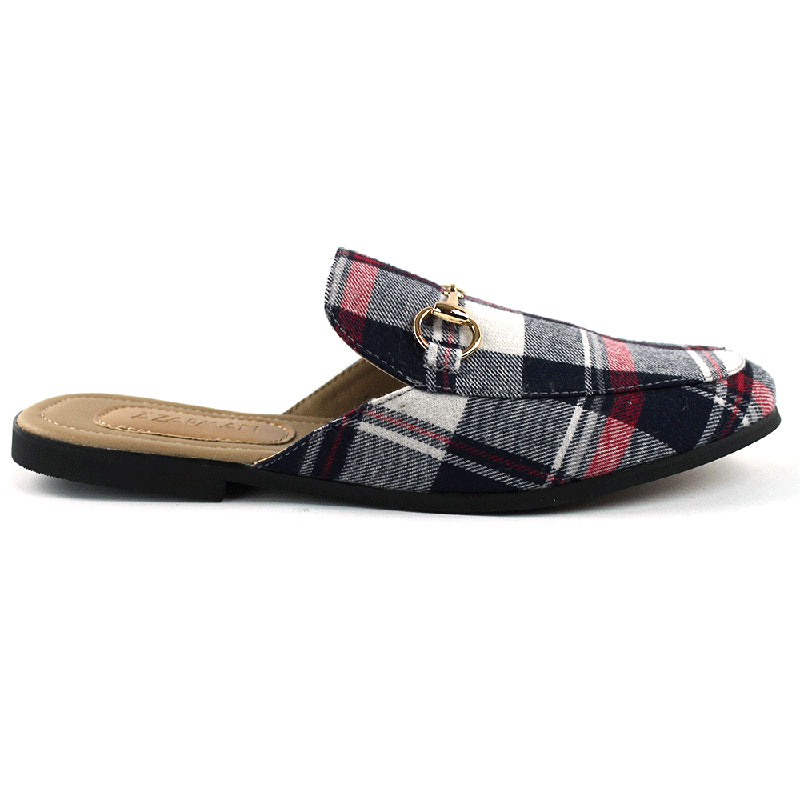 Blue Plaid Backless Slip On Gold Buckle Loafer