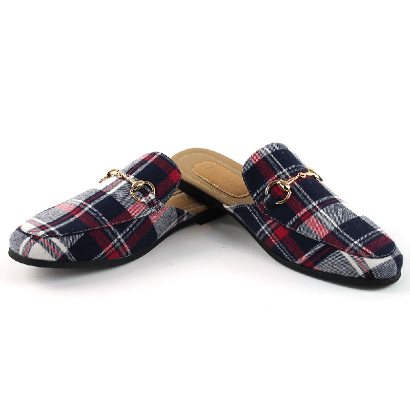 Alternative view of Blue Plaid Backless Slip On Gold Buckle Loafer